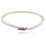 SS 18kpl Genuine Amethyst & Diamond Accent 7" Bangle Bracelet