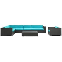 Hot Sale LexMod Palm Springs 7-Piece Outdoor Rattan, Espresso with Turquoise Cushions