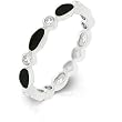 White Gold Rhodium Bonded Link Style Stacker Ring with Jet Black Enamel Finish and Bezel Set Round Clear CZ in Silvertone - Size: 5-10