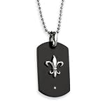 Men's Black Titanium Fleur De Lis Diamond Dog Tag Necklace