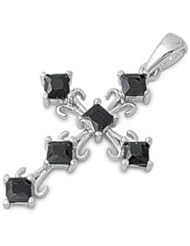 Sterling Silver Black CZ Cross Pendant Beautiful Faith Charm Pure 925 New 28mm with 0.8mm Snake Chain