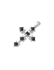 Sterling Silver Black CZ Cross Pendant Beautiful Faith Charm Pure 925 New 28mm with 1mm Ball Bead Chain
