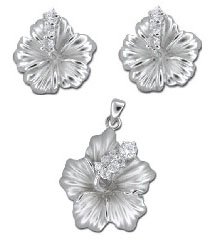 Sterling Silver Hawaiian Hibiscus Pendant and Earring Gift Set