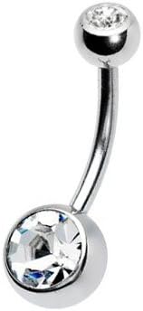 Double Gem White Diamond CZ Swarovski Belly Button Navel Ring 316L Surgical Steel 14g 7/16"