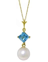 14k Gold Necklace with Natural Blue Topaz and Freshwater Pearl
