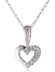 14k White Gold Childrens Heart Pendant Necklace with Genuine Diamond Necklace, 15"