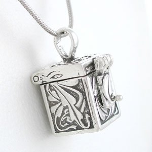 Rectangular Hinged Prayer Box with Leaf Pattern in Sterling Silver on 24" Rhodium and Sterling Snake Chain, #8099