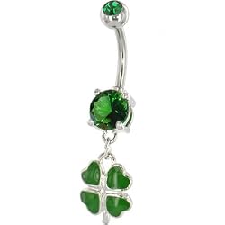 Emerald Green LUCKY CLOVER Dangle Belly Ring