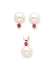 14k 0.3ct Yellow Gold 7-7.5mm White FW Cult Pearl/Ruby Stud Earrings/Pendant Set