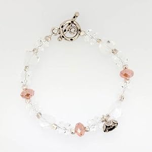 Crystal Quartz and Clear Crystal Beaded Toggle Bracelet with Sterling Silver Flower Blossom Charm, 7 1/4" Length, #7526
