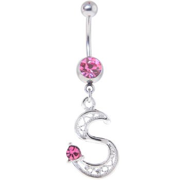 Passion Pink Jeweled INITIAL Dangle Belly Ring   LETTER S
