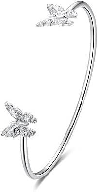 Sterling Silver-plated Adjustable Bangle Bracelet With Two End butterfly