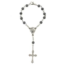 Hematite Rosary Bracelet - 6 Inches - 5.5mm Beads - Chain Links - Madonna Center Piece and Crucifix