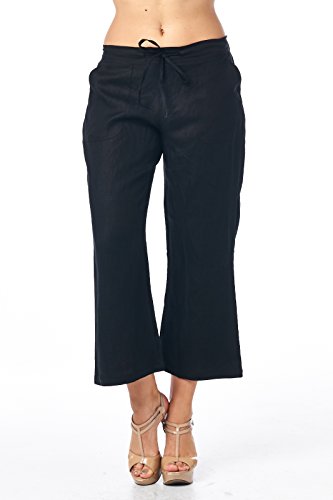 High Style Women's Casual 100% linen capri pants with drawstring tie