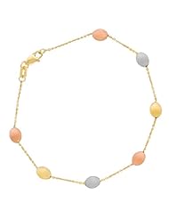 14 Karat 7.25" Yellow White Rose Gold Shiny Textured Cable Chain Link With Tri-Color Pebble Fancy Bracelet With Pear Shape Clasp