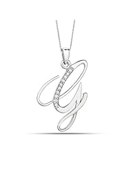 Sterling Silver Rhodium Plated Script Initial Letter G With Diamonds On 18 Inch Chain ( 0.05 Tcw)