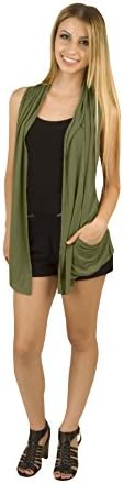 LA fashion id Sleeveless Light Weight Cardigan W/Pockets (Small, Olive)