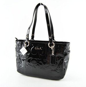 Coach Signature Embossed Logo Patent Leather Gallery Bag Tote Black