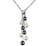 Black & White Cultured Pearl Multi-Strand Silver Chain Lariat w. Heart Shaped Crystal Slider
