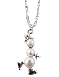 Sterling Silver Ice Skating Snowman Pearl Pendant with Silver Chain Holiday Jewelry