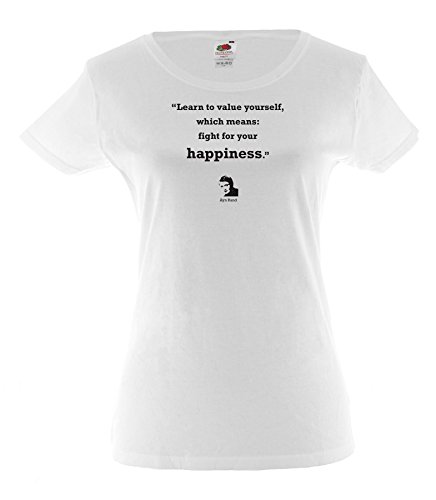 Ladies printed white cotton T-Shirt Fruit of the Loom Ayn Rand quote: Happiness