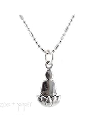 Reversible Three Dimensional Sitting Buddha and Lotus Flower Pendant in Sterling Silver on 16" Rhodium and Sterling Bead Bar Chain, helps to support Animal Charities, #7377