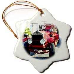 Old Fire Truck - 3 Inch Snowflake Porcelain Ornament