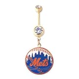 New York Mets 316L Stainless Steel Belly Ring with Clear Cubic Zircona - 14G 5/8 Inch Bar Length - Sold Individually