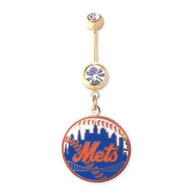New York Mets 316L Stainless Steel Belly Ring with Clear Cubic Zircona - 14G 5/8 Inch Bar Length - Sold Individually