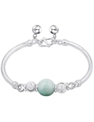 Fashion Plaza Girls 990 Sterling Silver Bangle Bracelet with Shining Beads Simulated Jade Jingle Bells 6" long 11.3g weight Y55