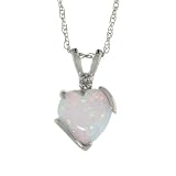 10k White Gold 18 in. Thin Chain & 5/16 in. (8mm) tall Heart Pendant w/ Brilliant Cut Diamond & 7mm Heart-shaped Created Opal Stone