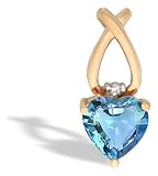 14K Yellow Gold Genuine Heart Blue Topaz and Diamond Pendant