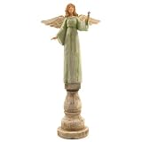 Painted Wood Effect Angel on Pedestal - Green