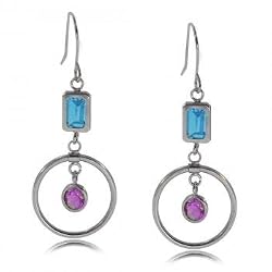 Amethyst and Blue Topaz White Gold Drop Earrings-Dangle Style