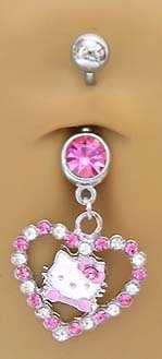 Hello Kitty Pink & Cz Heart Belly Navel body jewelry piercing bar Ring