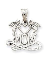 14k White Gold Polished D/C Mom Heart w/Angel Pendant.