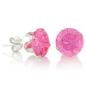 October Birthstone Pink Round Cut Cubic Zirconia CZ Silver Stud Earrings