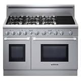 Thermador Pro Harmony PRD486EDHU 48 Pro-Style Dual-Fuel Range with 6 Star Burners (2 w/ ExtraLow Simmer Settings), Electric Griddle, 4.4 cu. ft. European 3rd Element Convection Primary Oven, 2.2 cu. ft. Secondary Oven, Self-Clean and Halogen Lights