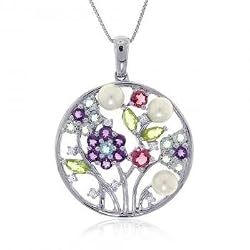 Pearl Topaz Diamond Peridot Amethyst Flower Pendant Necklace