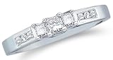 Solid 14k White Gold 3 Three Stone Princess Cut Diamond Engagement or Anniversary Ring Band with Round Side stones (1/4 cttw)
