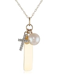 10k Yellow Gold Freshwater Cultured Pearl and Diamond-Accent "Faith" Pendant
