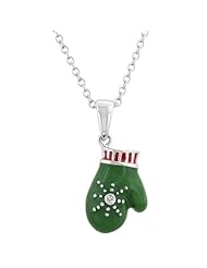 Alexander James White Gold Rhodium Bonded Holiday Red and Green Enamel Mitten Pendant with Solitaire Cubic Zirconia Set in Silvertone Chain Included