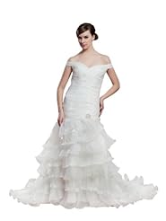 Mermaid Organza  Tiered Pleated Lace-Up Spring Fall Cap Sleeves Off the Shoulder  Dress with a Court Train  With Ruffles