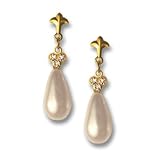 9ct Yellow Gold AME88044 Ladies Simulated Pearl & Crystal Drop Earrings