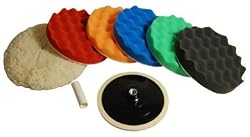 TCPglobal Brand Professional 6 Pad Buffing and Polishing Kit with 6 - 8" Grip Pads (5 Waffle Foam & 1 Wool) along with a 5/8" Threaded Grip Backing Plate