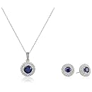 Rhodium Plated Sterling Silver Created Blue Sapphire and Created White Sapphire Double Halo Earrings and Pendant Necklace Jewelry Set