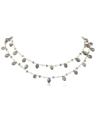 2 Row Nested Faceted Labradorite Teardrops and White Freshwater Cultured Pearl Linked Chain Necklace