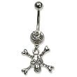 Stainless Steel Belly Ring with Clear Australian Crystals - Dangling skull and crossbones 14g/5mm ball