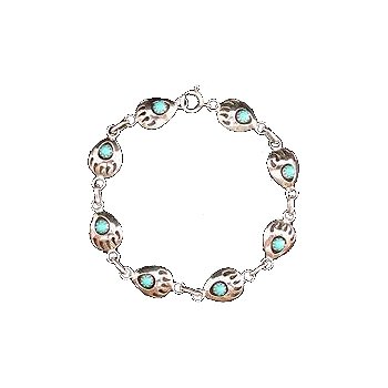 Southwestern Native American Handcrafted Bear Paw Link Bracelet in Turquoise and Sterling Silver, #9720