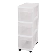 Sterilite 27308003 3-Drawer Narrow Cart White with See-Through Drawers and Black Casters, 3-Pack